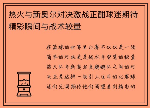 热火与新奥尔对决激战正酣球迷期待精彩瞬间与战术较量