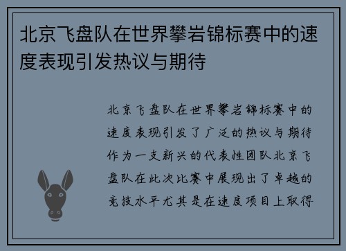 北京飞盘队在世界攀岩锦标赛中的速度表现引发热议与期待