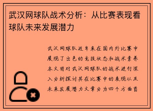 武汉网球队战术分析：从比赛表现看球队未来发展潜力