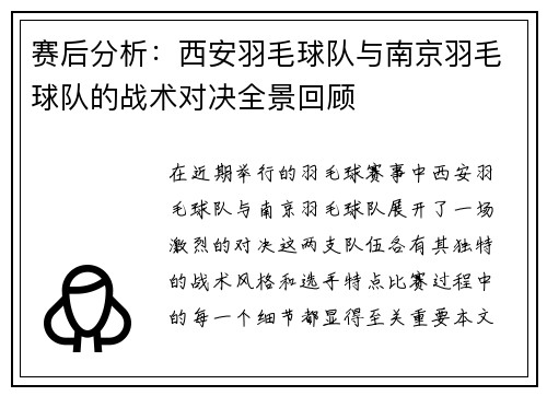赛后分析：西安羽毛球队与南京羽毛球队的战术对决全景回顾